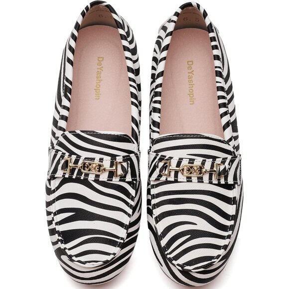 Women Zebra Polyurethane Accent Buckle Leisure Slip On Walking Flats Shoes - Picture 6 of 9